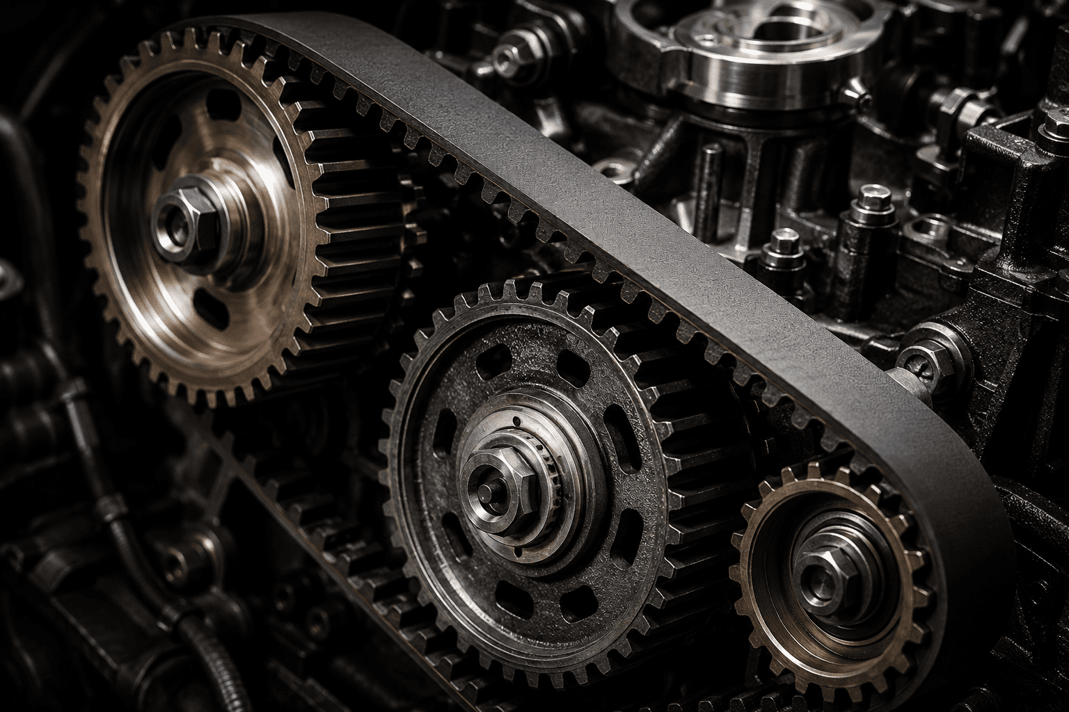 Close-up of a toothed timing belt running over the camshaft and crankshaft sprockets