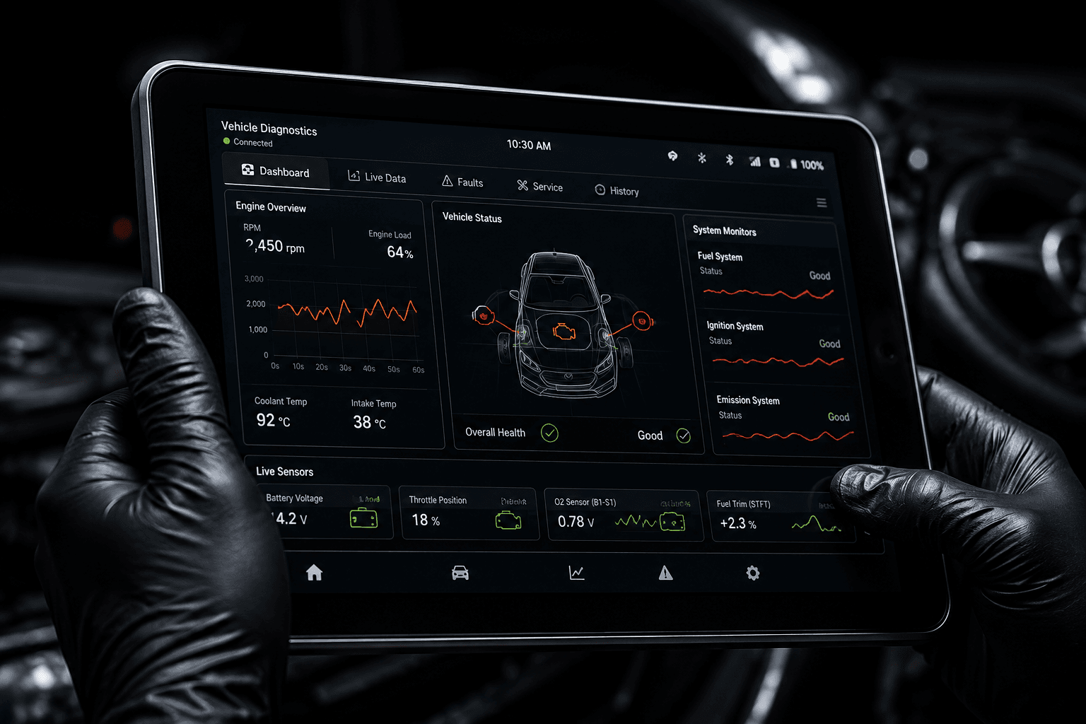 Diagnostic tablet showing a vehicle system scan, held by a technician